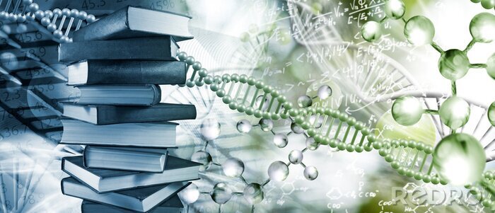Tableau  Stack of books depicted on DNA background closeup