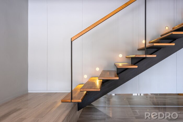 Tableau  Stairway lights bulb for illumination as safety protection wooden stairs architecture interior design, Modern house building