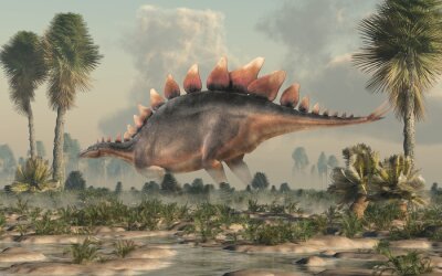 Tableau  Stegosaurus, was a thyreophoran dinosaur. An herbivore, it is one of the best known dinosaurs of the Jurassic period. Here, a grey and brown one is standing in profile in a wetland. 3D Rendering. 