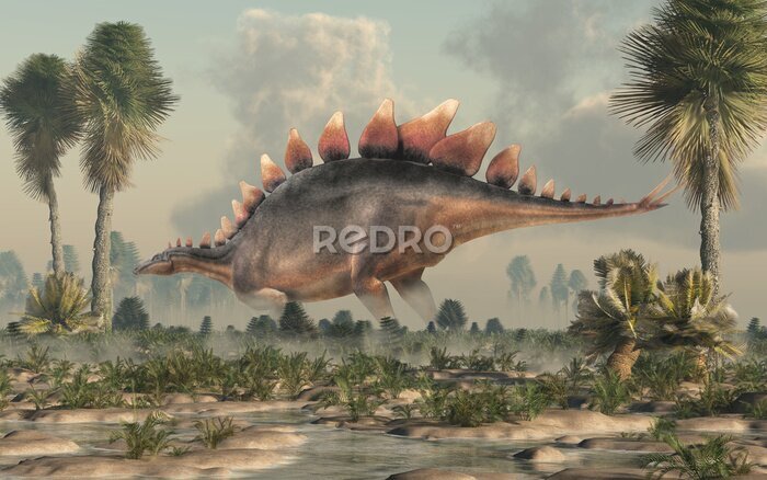 Tableau  Stegosaurus, was a thyreophoran dinosaur. An herbivore, it is one of the best known dinosaurs of the Jurassic period. Here, a grey and brown one is standing in profile in a wetland. 3D Rendering. 