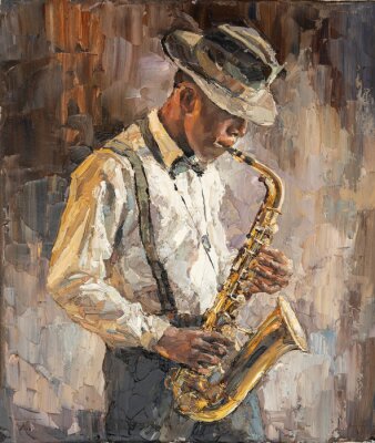 Tableau  Stylish jazz band playing music on the scene, background is brown. Palette knife technique of oil painting and brush. .The jazzman plays the sexophone.