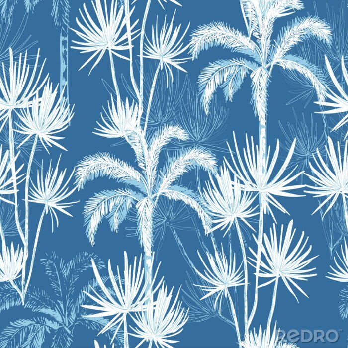 Tableau  Summer hand drawn doodle line sketch plam and coconut trees ,island design fot fashion,fabric, and all prints