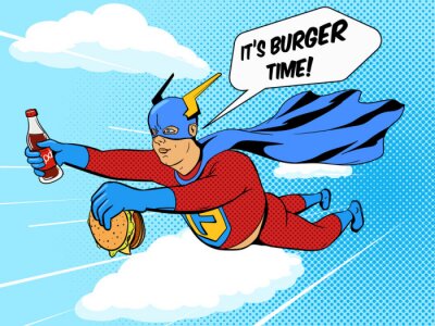 Tableau  Super-héros, gras, homme, hamburger, comique, Livre, vecteur