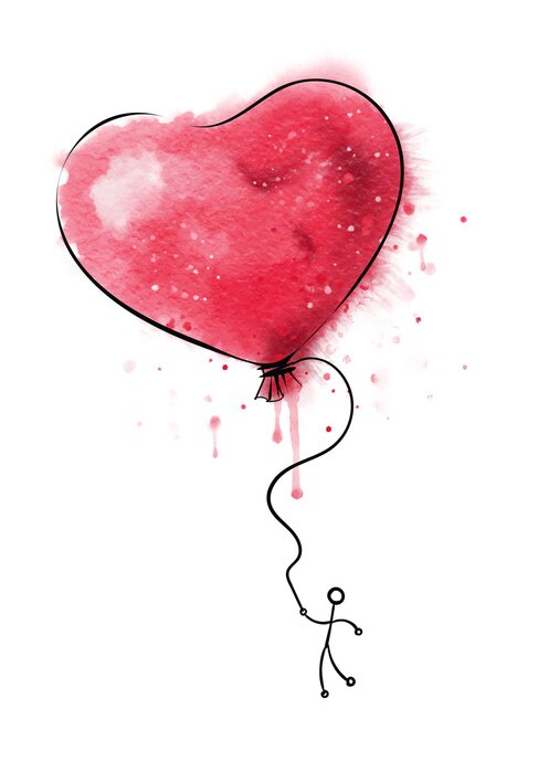 Tableau  Symbole de ballon coeur rouge de l'amour avec la personne flyin dessus, aquarelle.