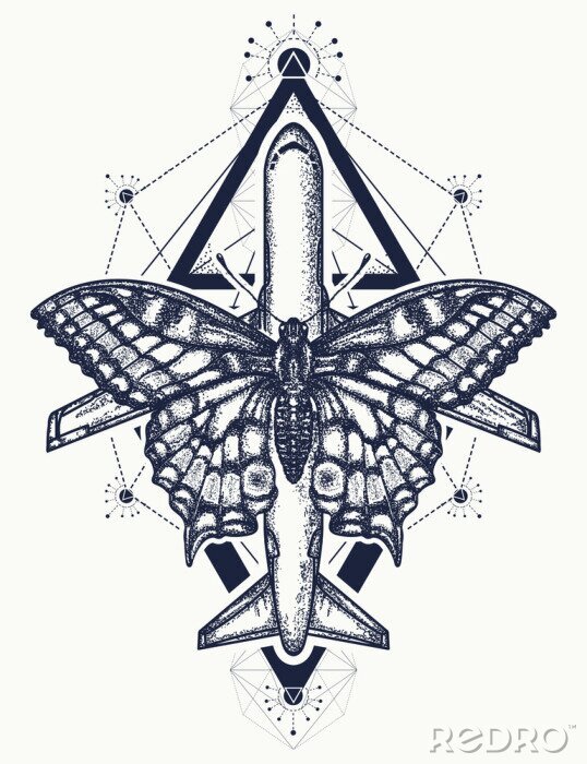 Tableau  Tatouage papillon et avion, symbole du tourisme, des voyages, des rêves, des vacances, de la liberté, du vol, des aventures, des motivations, du style de vie. Belle conception de t-shirt d'avion pour 