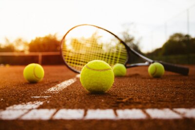 Tableau  Tennis, balles, raquette, argile, tribunal