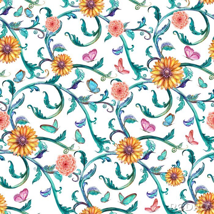 Tableau  Texture sans couture de mode avec le motif floral de fantaisie. Aquarelle p