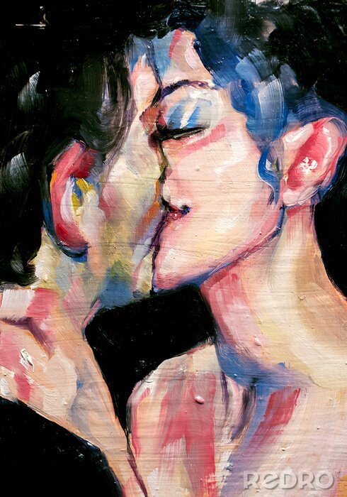 Tableau  The kiss, oil painting portrait of thwo lovers kissing, in abstract colors, modern art