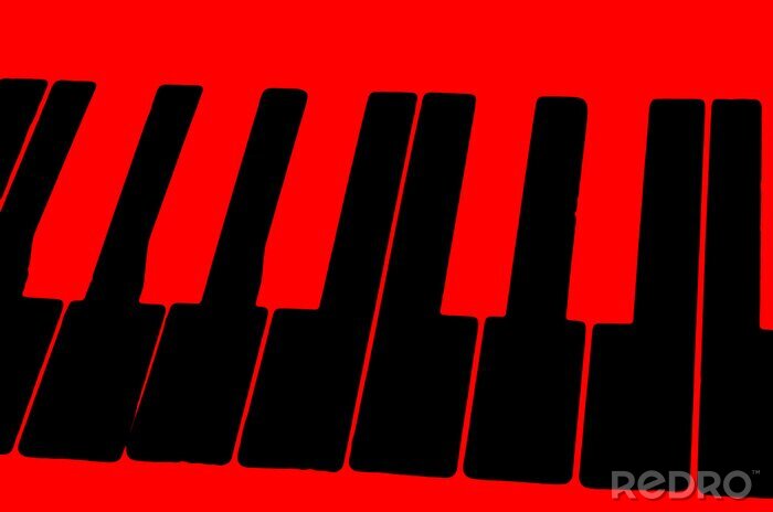 Tableau  The schematic image of the keys of a musical instrument on a bright red background.