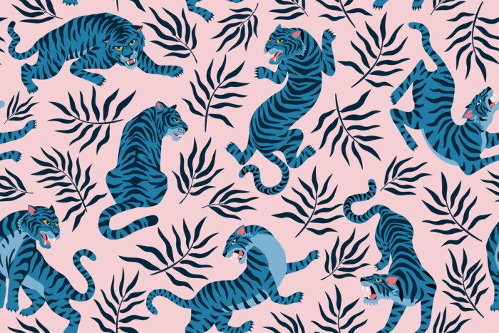 Tableau  Tigers and tropical leaves. Trendy illustration. Abstract contemporary seamless pattern.