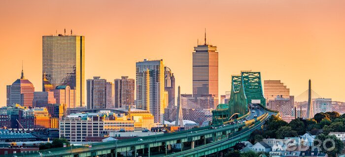 Tableau  Toits de la ville de boston et pont au coucher du soleil