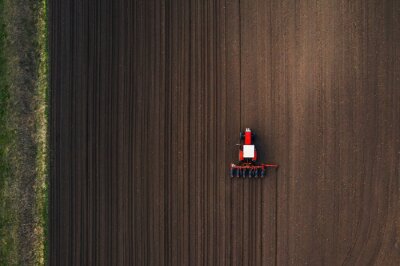 Tableau  Top view of tractor planting corn seed in field