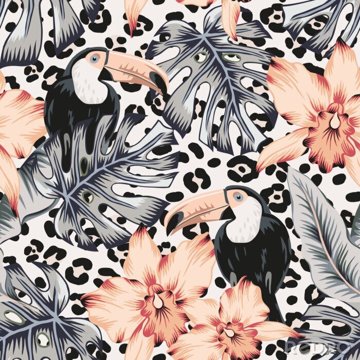 Tableau  Toucans, orchid flowers, monstera, banana palm leaves, animal print background. Vector floral seamless pattern. Tropical illustration. Exotic plants, birds. Summer beach design. Paradise nature