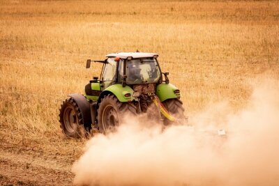 Tableau  Tracteur de paillage après la récolte de colza parmi la poussière