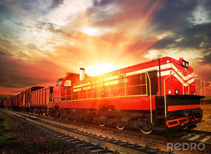 Tableau  Trains et locomotives coucher de soleil
