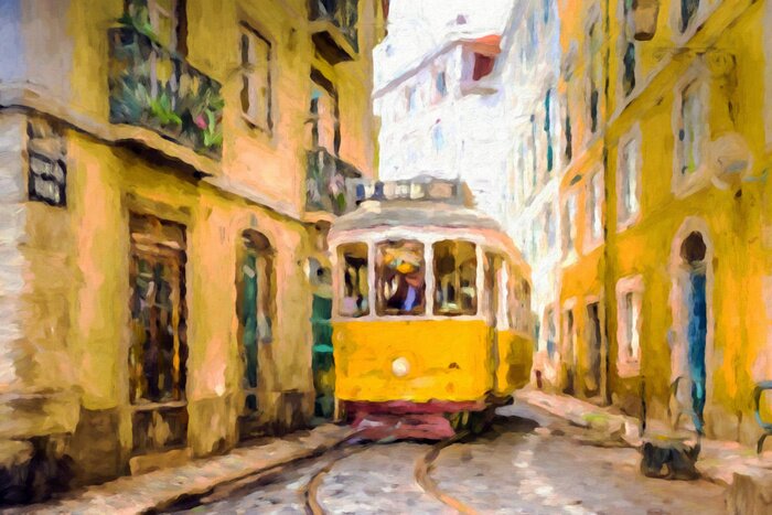 Tableau  Tramway aquarelle jaune de Lisbonne
