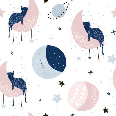 Transparente motif enfantin avec des chats sur les lunes et le ciel étoilé. Texture créative d'enfants pour le tissu, l'emballage, le textile, le papier peint, l'habillement. Illustration vectorielle