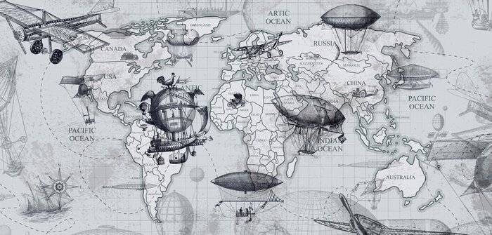 Tableau  travel across the globe, balloons, aircraft, cars, ships photo wallpapers on the wall