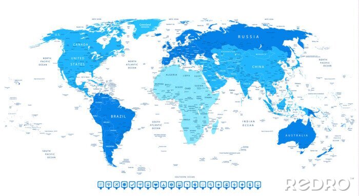 Tableau  Très détaillé, mondiale, carte, continent, différent, bleu, couleur