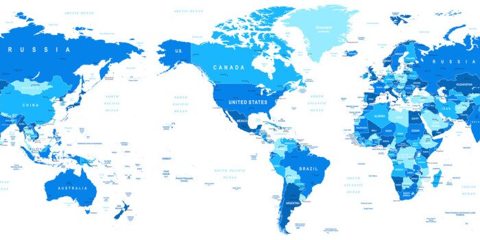 Tableau  Très détaillée vecteur illustration de la carte mondiale. Image contient contours terrestres, les noms de pays et de pays, les noms de ville, les noms d'objets de l'eau.