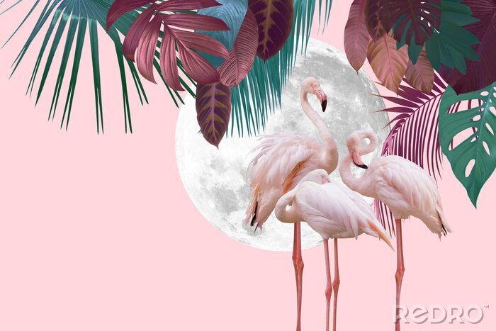 Tableau  Trois flamants roses sur un fond abstrait