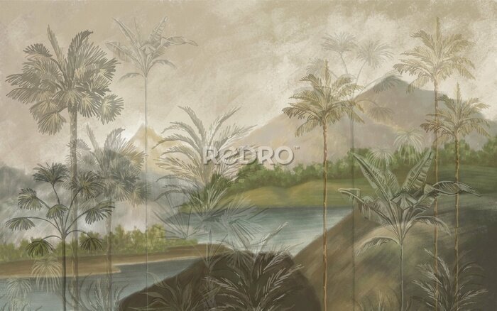 Tableau  Tropical landscape wallpaper design with oil painting effect, lake and mountain, vintage view, palm and banana trees, mural art.