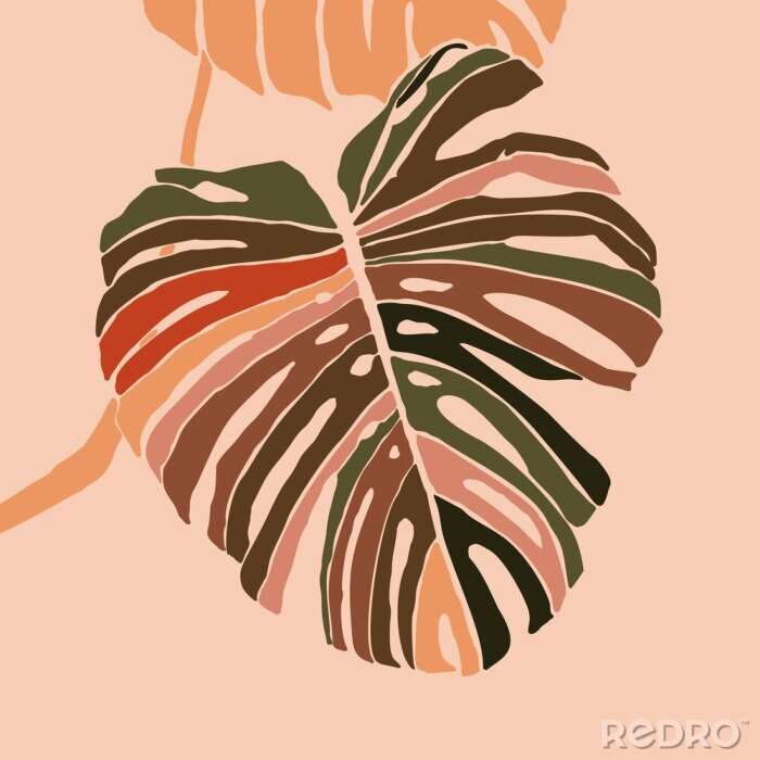 Tableau  Tropical monstera leaves in a minimalist trendy style. Silhouette of a plant in a contemporary simple abstract style. Vector illustration collage. For t-Shirt Print, card, poster, social media post