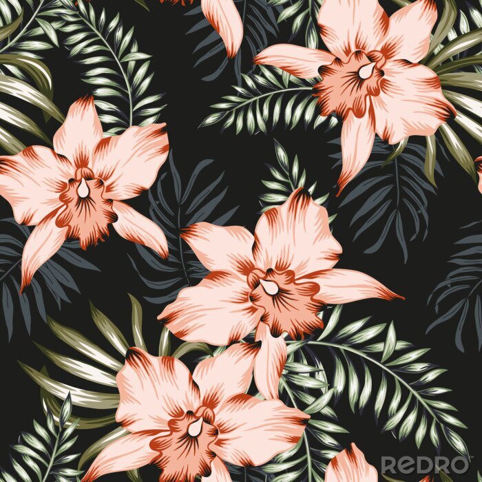 Tableau  Tropical orchid flowers and palm leaves bouquets, black background. Vector seamless pattern. Jungle foliage illustration. Exotic plants. Summer beach floral design. Paradise nature