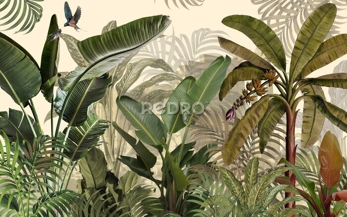 Tableau  Tropical plants wallpaper design, Jungle background, big leaf and bird, back yard, landscape, mural art.