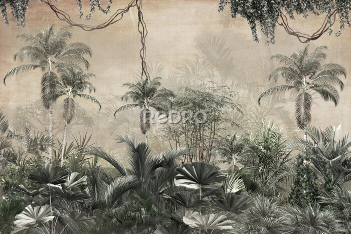Tableau  Tropical trees and leaves wallpaper design in foggy forest - 3D illustration
