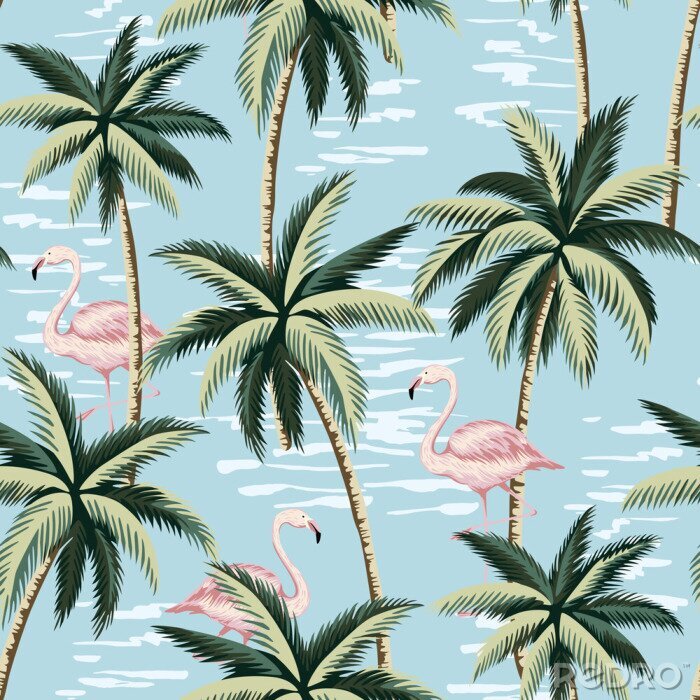 Tableau  Tropical vintage pink flamingo and palm trees floral seamless pattern blue background. Exotic jungle wallpaper.