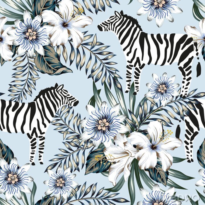 Tableau  Tropical zebra, palm leaves, hibiscus, passion flowers bouquets, light blue background. Vector seamless pattern. Graphic illustration. Exotic jungle. Summer beach floral design. Paradise nature