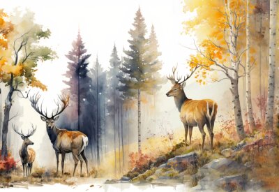 Tableau  Troupeau de cerfs dans la forêt d'automne