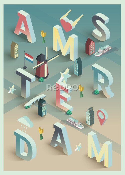 Tableau  Typographie moderne 3D ville d'Amsterdam
