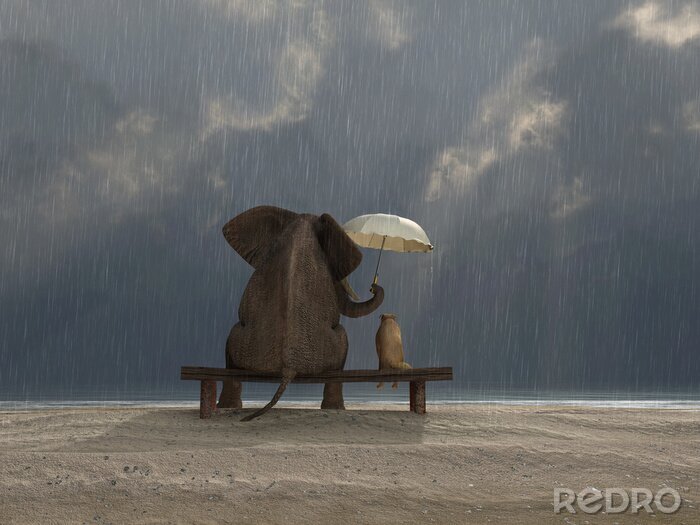 Tableau  Un chien et un éléphant sous un parapluie