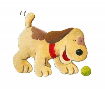Un chien marron jouant avec une balle verte