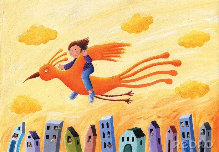 Tableau  Un garçon survolant un village sur un oiseau orange