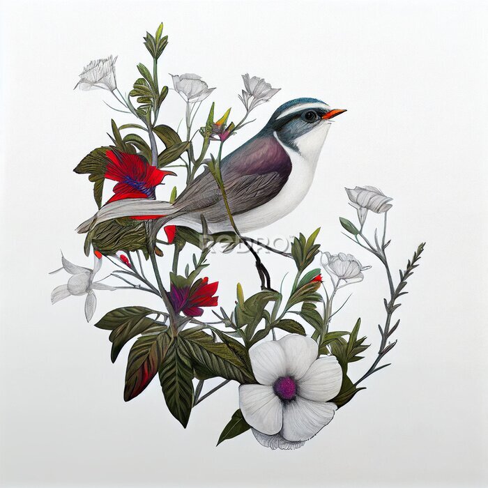 Tableau  Un oiseau parmi les branches de fleurs