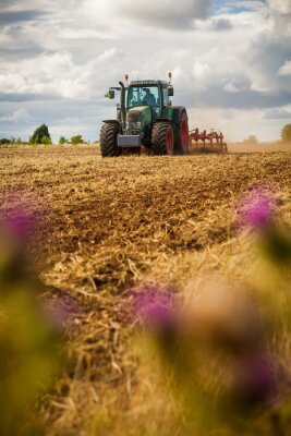 Tableau  Un tracteur labourant un champ de cultures. Faible profondeur de champ avec mise au point sélective sur le tracteur.