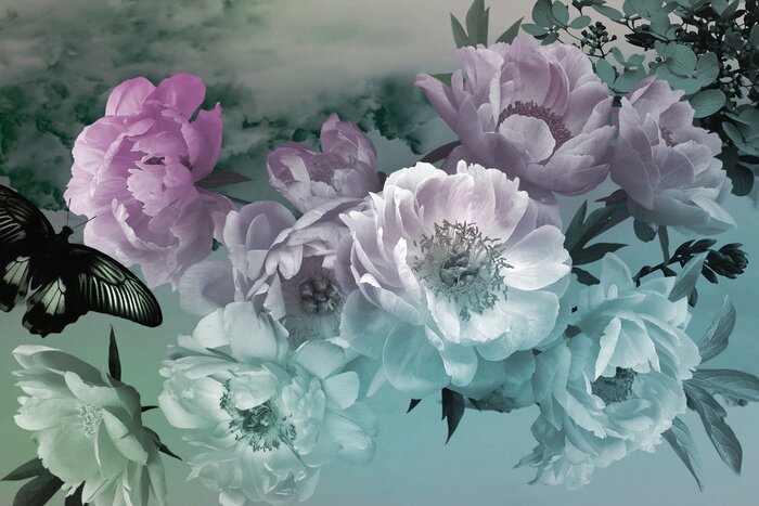 Tableau  Une composition de pivoines et de papillons
