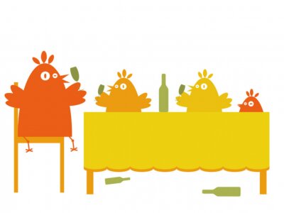 Une famille d'oiseaux assis à une table jaune