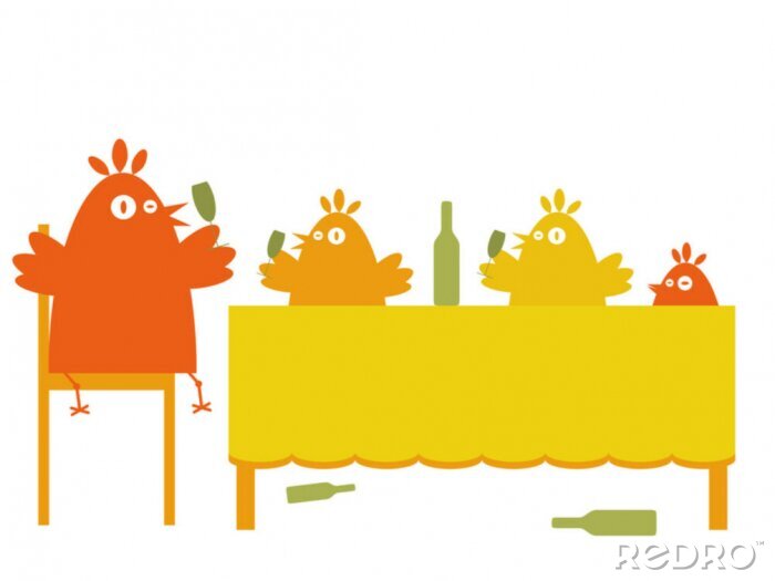 Tableau  Une famille d'oiseaux assis à une table jaune