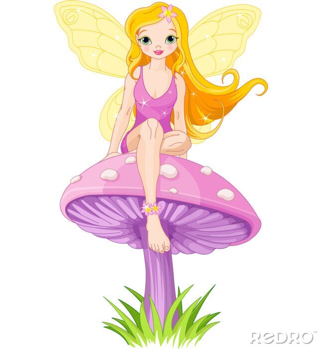 Tableau  Une fée aux cheveux longs assise sur un champignon violet