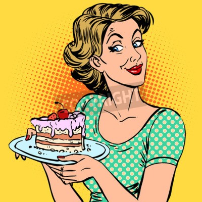 Tableau  Une femme et un dessert un morceau de gâteau. La surprise de traiter la nourriture