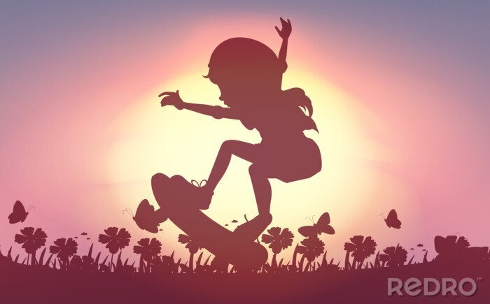 Tableau  Une fille sur un skateboard au milieu de fleurs des champs