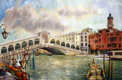 Tableau  Une vue du canal avec le pont du Rialto, Venise