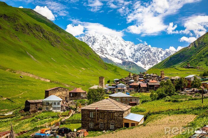 Tableau  Ushguli - the highest inhabited village in Europe. Caucasus, Upper Svaneti - UNESCO World Heritage Site. Georgia.