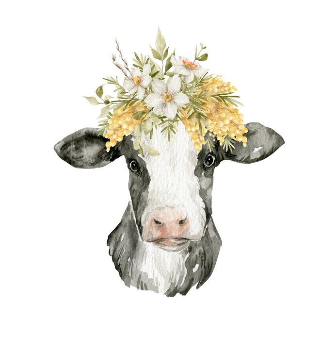 Tableau  Vache aquarellée avec un bouquet de fleurs sur la tête
