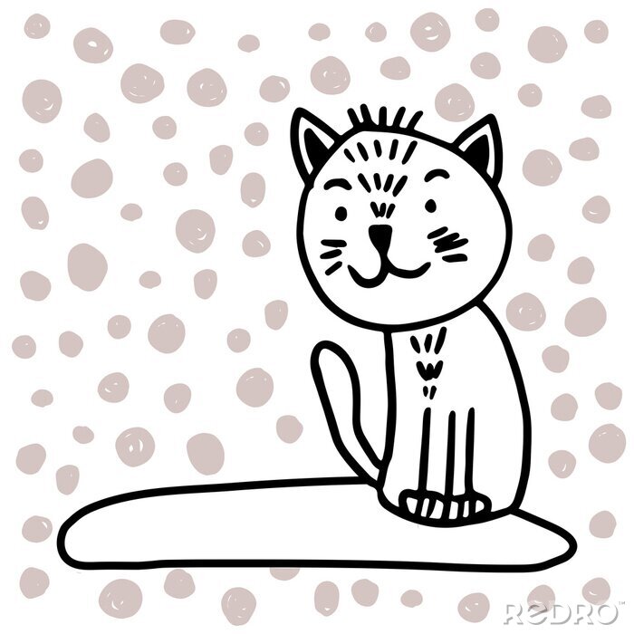 Tableau  Vector adorable cat in trendy Scandinavian style. Funny, cute, hugge, hand drawn illustration for poster, banner, print, decoration kids playroom or greeting card.
