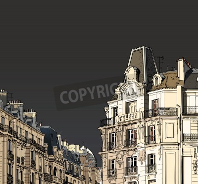 Tableau  Vector illustration of facades in Paris in a stormy weather